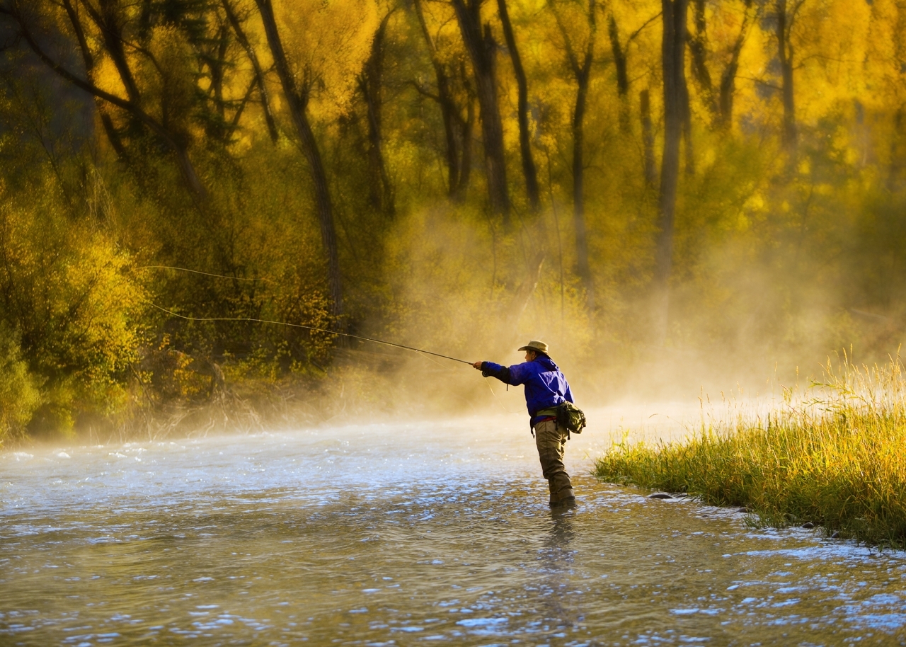 Male fly fisherman casting on the river